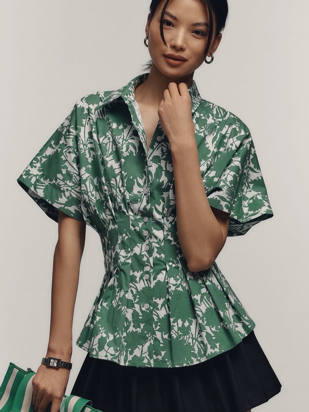 Tobie Shirt- Green Floral Button-Front Peplum Shirt